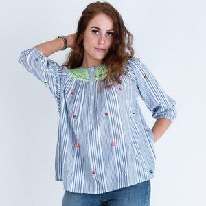 Vilagallo Palmer Stripe Blouse With Bead Detail & Neon Stitching Blue Resort